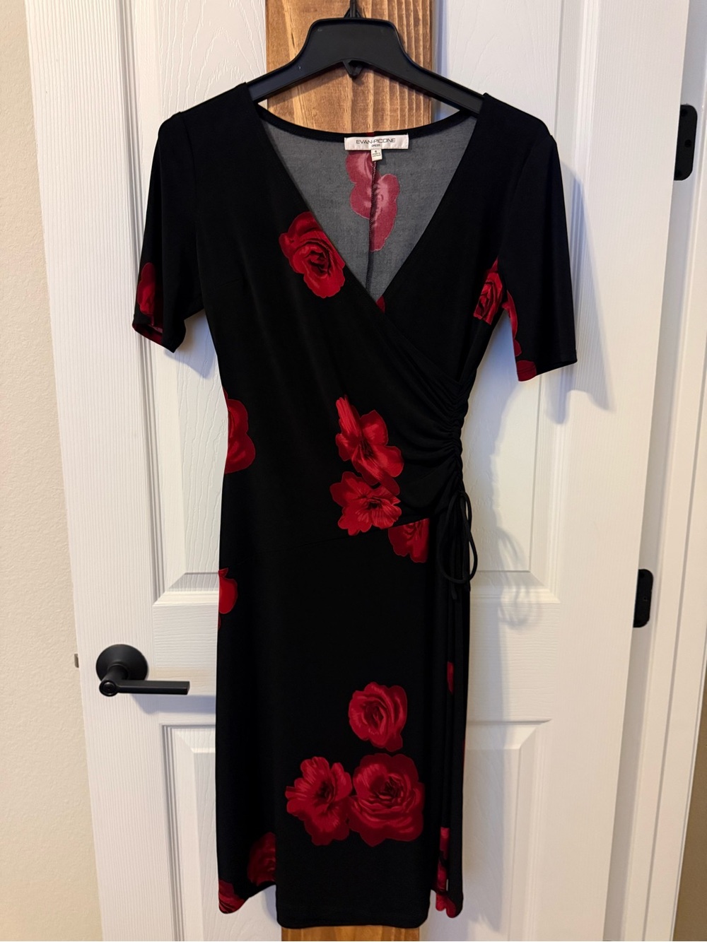 Evan Picone Black Midi Wrap Dress with Red Floral Accent